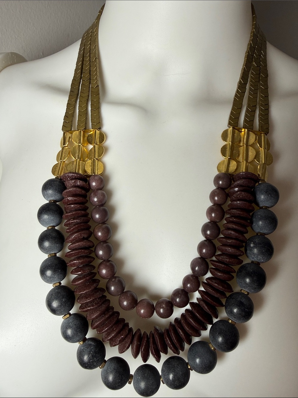 David Aubrey Layered Brown, Black African Glass, Gold Statement Necklace